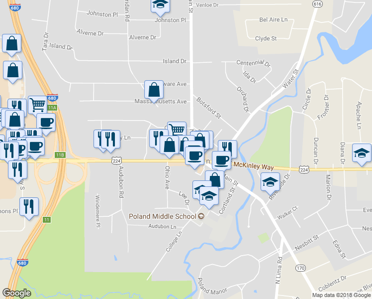 map of restaurants, bars, coffee shops, grocery stores, and more near 7 Sheridan Road in Poland