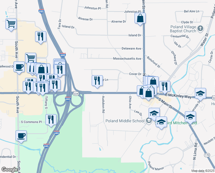 map of restaurants, bars, coffee shops, grocery stores, and more near 1940 Boardman Poland Road in Poland
