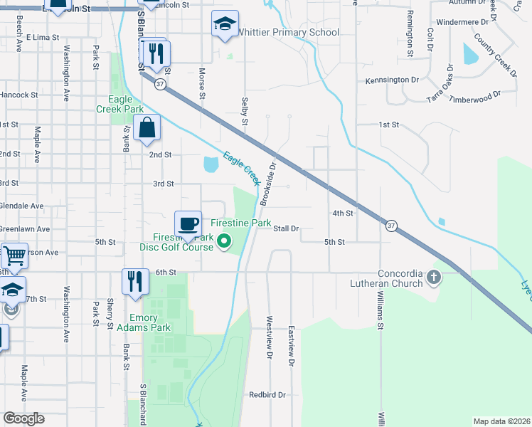 map of restaurants, bars, coffee shops, grocery stores, and more near 1301 Brookside Drive in Findlay