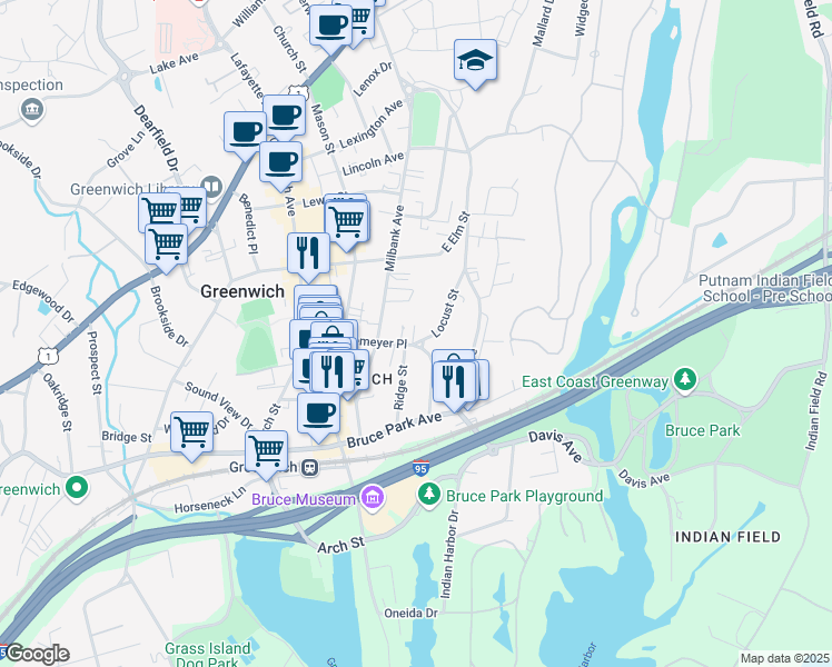map of restaurants, bars, coffee shops, grocery stores, and more near 68 Locust Street in Greenwich