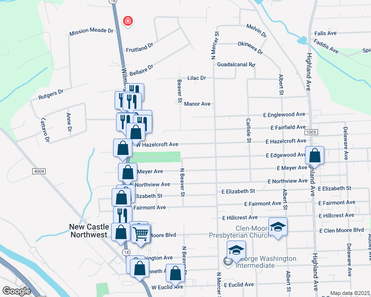 map of restaurants, bars, coffee shops, grocery stores, and more near 2 East Hazelcroft Avenue in New Castle