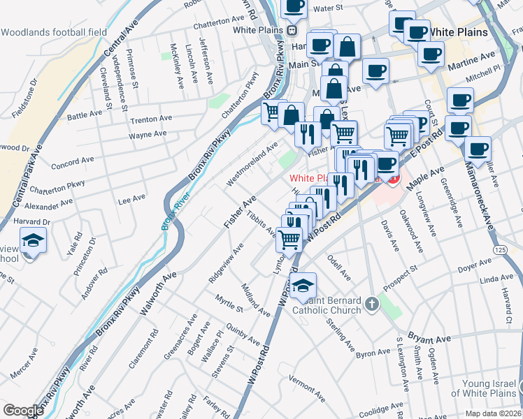 map of restaurants, bars, coffee shops, grocery stores, and more near 196 Fisher Avenue in White Plains