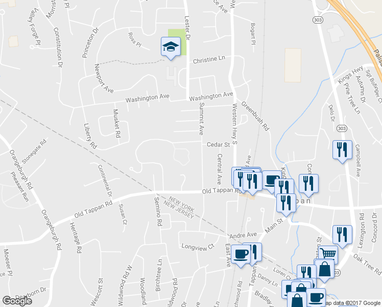 map of restaurants, bars, coffee shops, grocery stores, and more near 54 Hickory Hill Lane in Tappan