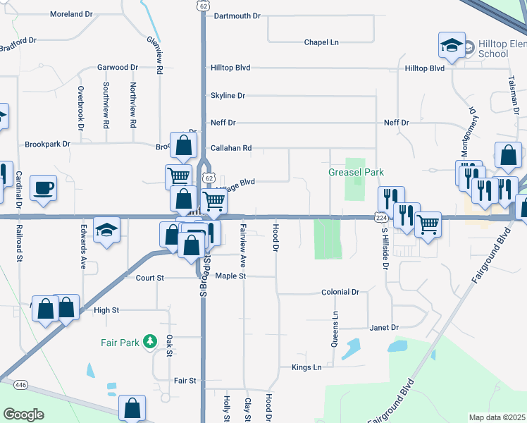 map of restaurants, bars, coffee shops, grocery stores, and more near 130 East Main Street in Canfield