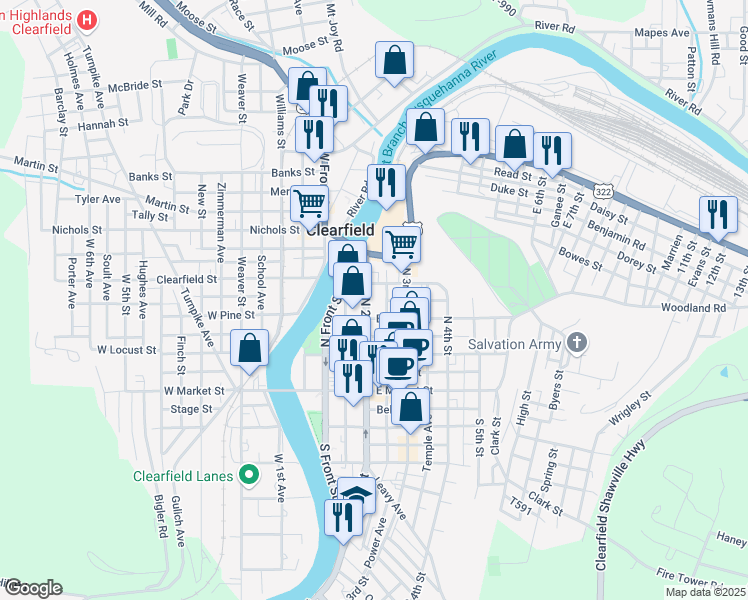 map of restaurants, bars, coffee shops, grocery stores, and more near 211 North 2nd Street in Clearfield