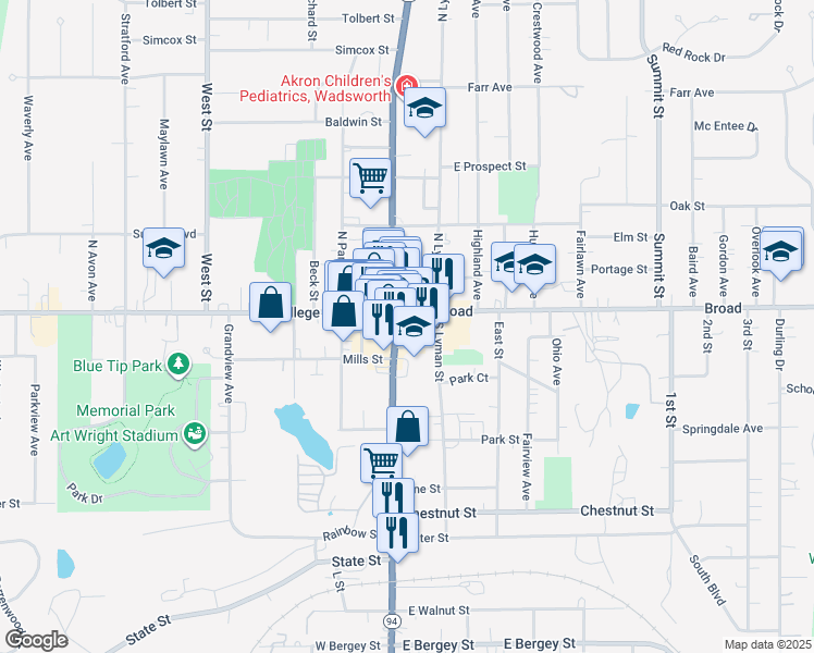map of restaurants, bars, coffee shops, grocery stores, and more near 117 Main Street in Wadsworth