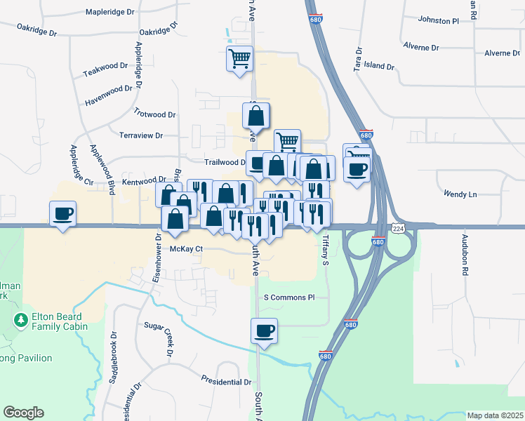 map of restaurants, bars, coffee shops, grocery stores, and more near 7235 South Avenue in Youngstown