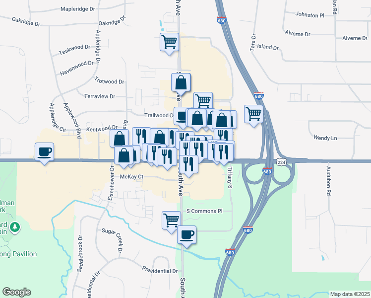 map of restaurants, bars, coffee shops, grocery stores, and more near 7235 South Avenue in Youngstown