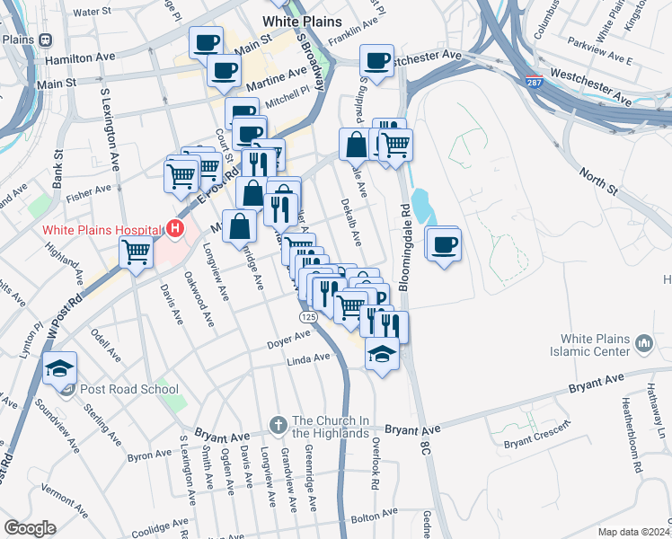 map of restaurants, bars, coffee shops, grocery stores, and more near 155 South Broadway in White Plains