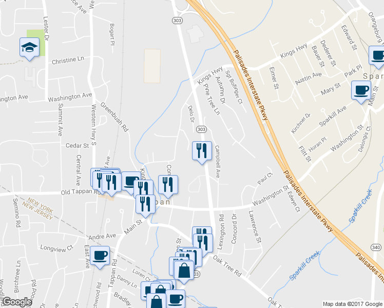 map of restaurants, bars, coffee shops, grocery stores, and more near 58 Babcock Ln in Tappan
