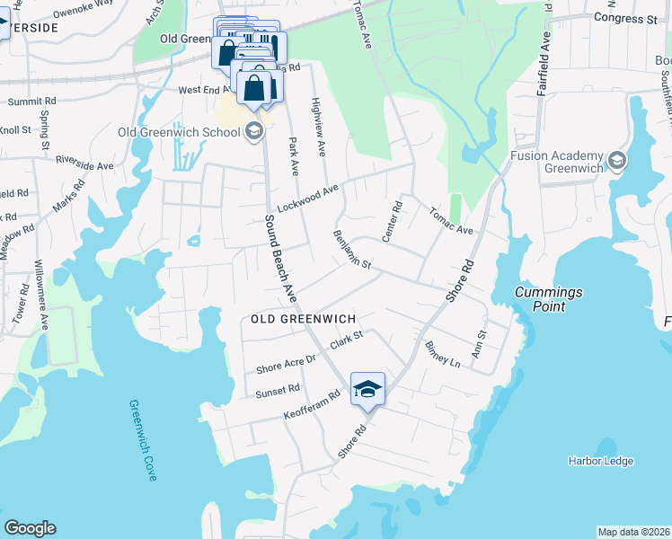 map of restaurants, bars, coffee shops, grocery stores, and more near 45 Benjamin Street in Greenwich