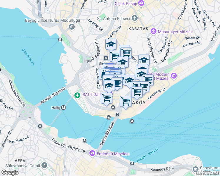 map of restaurants, bars, coffee shops, grocery stores, and more near 21 Galata Kulesi Sokak in Istanbul