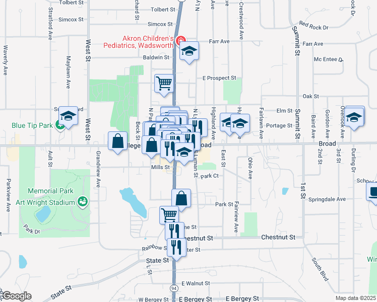 map of restaurants, bars, coffee shops, grocery stores, and more near 117 Main Street in Wadsworth