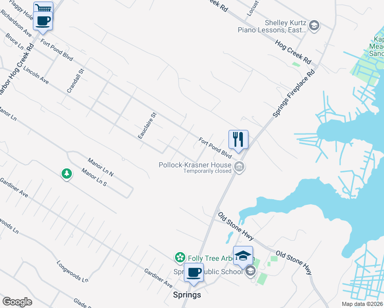 map of restaurants, bars, coffee shops, grocery stores, and more near 14 Broadway in East Hampton