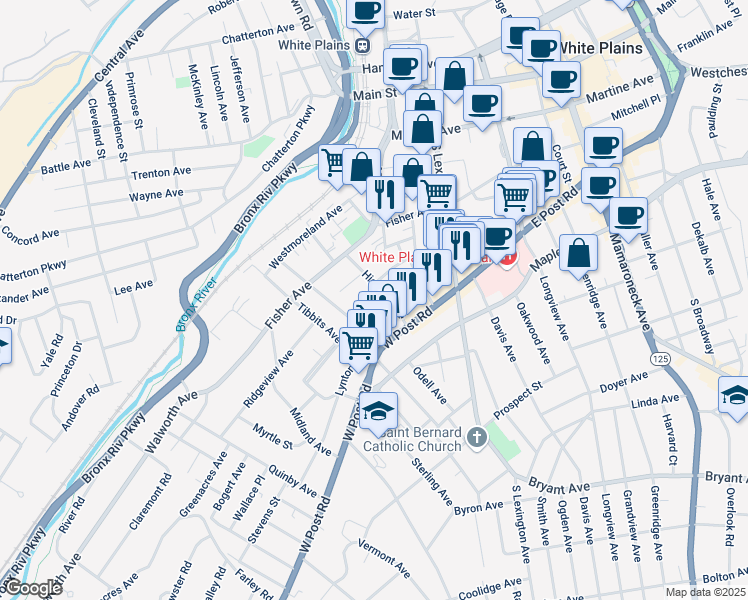 map of restaurants, bars, coffee shops, grocery stores, and more near 6 Nutgrove Street in White Plains