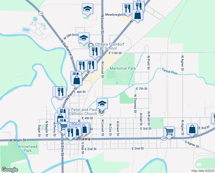 map of restaurants, bars, coffee shops, grocery stores, and more near 151 North Drive in Ottawa