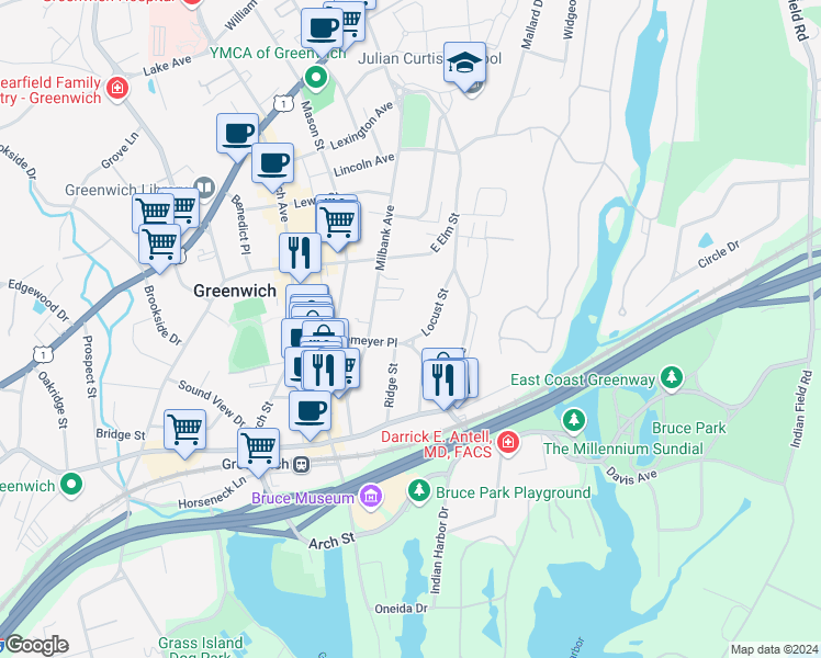 map of restaurants, bars, coffee shops, grocery stores, and more near 68 Locust Street in Greenwich