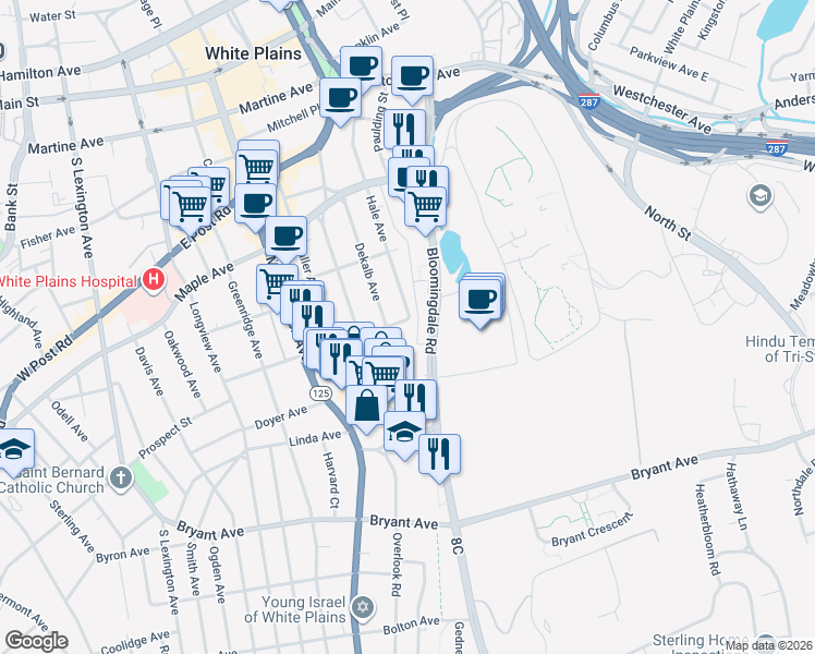 map of restaurants, bars, coffee shops, grocery stores, and more near 75 Livingston Avenue in White Plains