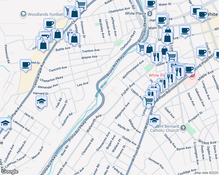 map of restaurants, bars, coffee shops, grocery stores, and more near 12 Woodland Place in White Plains