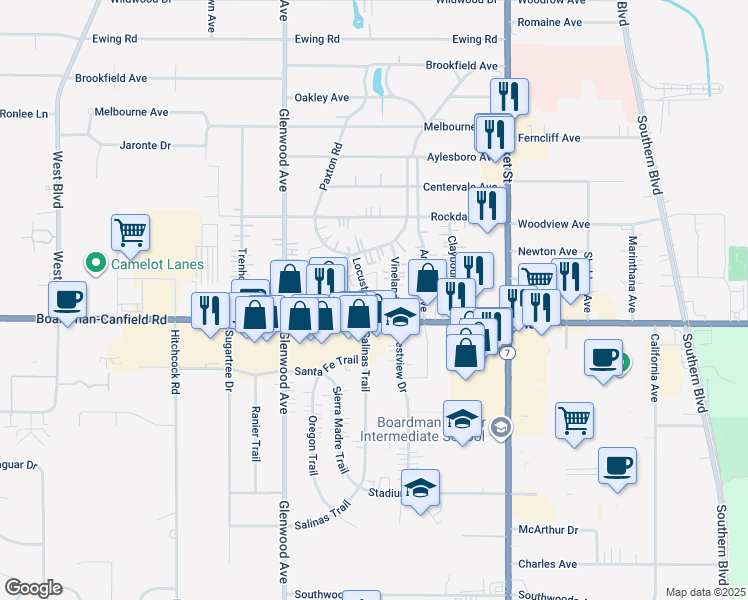 map of restaurants, bars, coffee shops, grocery stores, and more near 7185 Locust Avenue in Youngstown