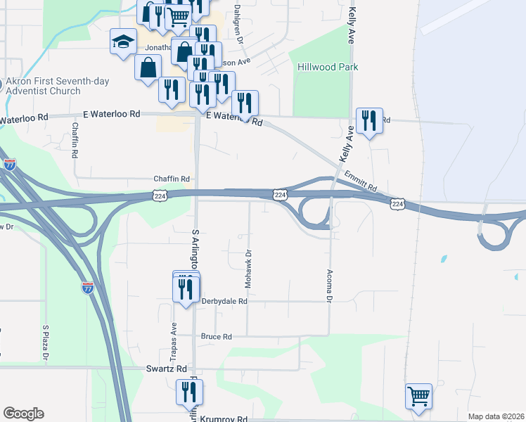 map of restaurants, bars, coffee shops, grocery stores, and more near 1112 Emmitt Road in Akron