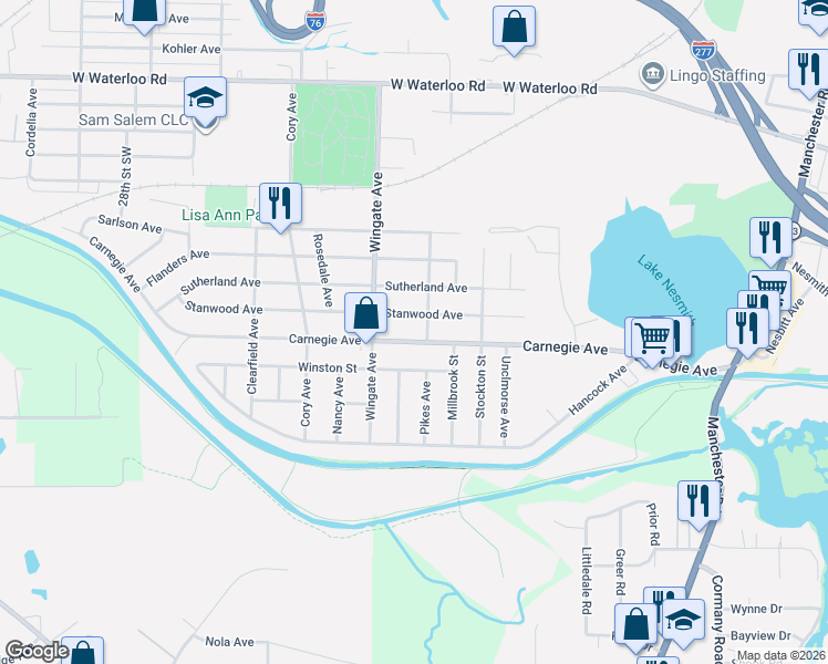 map of restaurants, bars, coffee shops, grocery stores, and more near 953 Carnegie Avenue in Akron