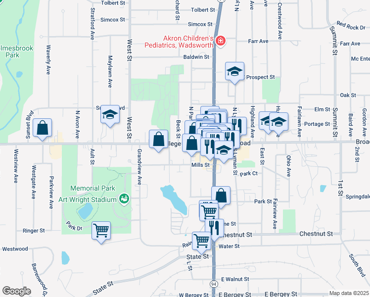 map of restaurants, bars, coffee shops, grocery stores, and more near 116 South Pardee Street in Wadsworth