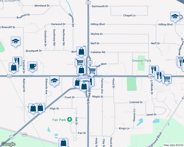 map of restaurants, bars, coffee shops, grocery stores, and more near 10 East Main Street in Canfield