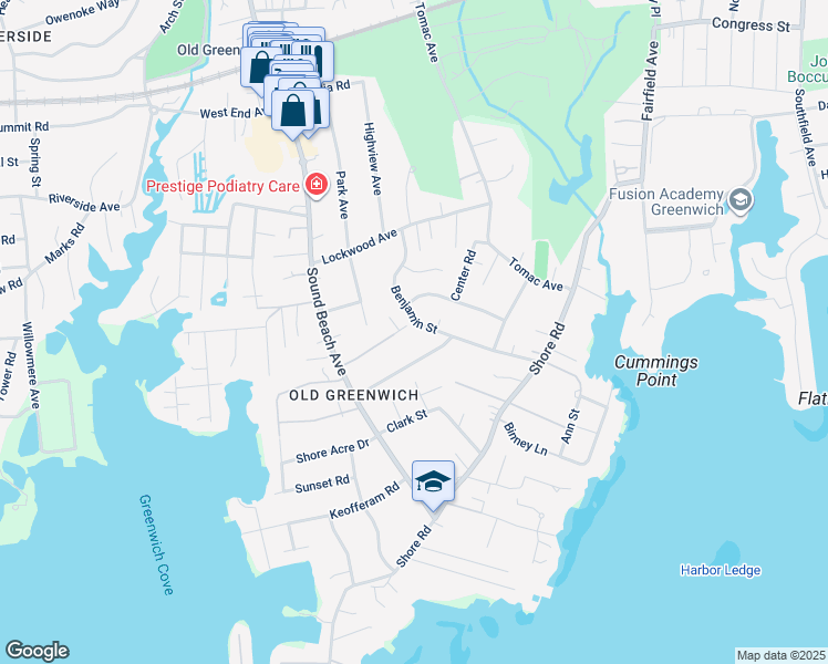 map of restaurants, bars, coffee shops, grocery stores, and more near 45 Benjamin Street in Greenwich
