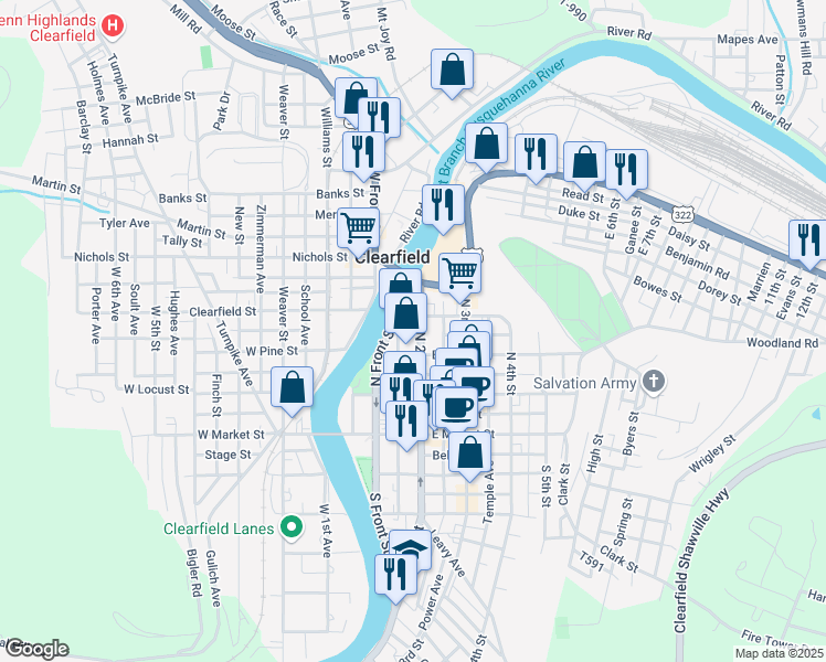 map of restaurants, bars, coffee shops, grocery stores, and more near 211 North 2nd Street in Clearfield
