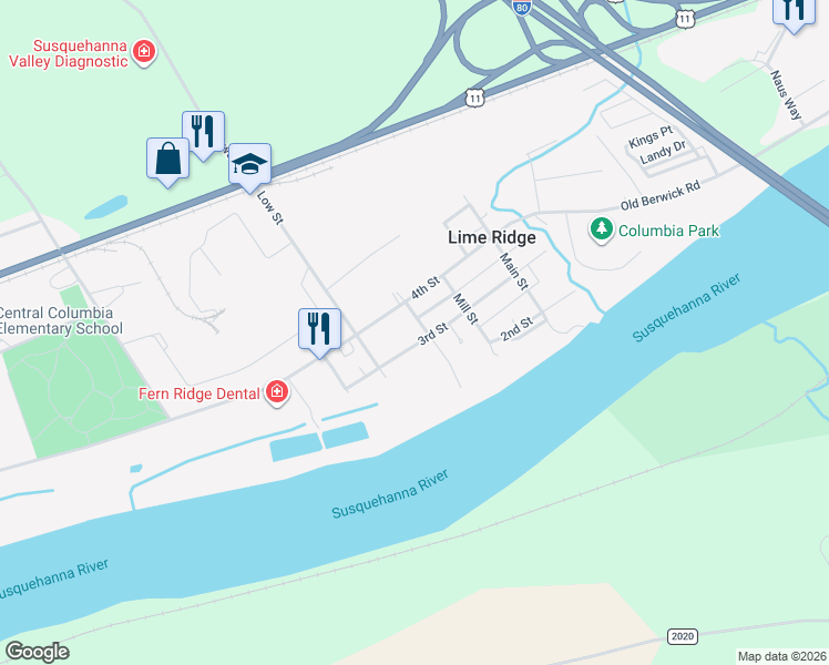 map of restaurants, bars, coffee shops, grocery stores, and more near 6385 3rd St in Bloomsburg