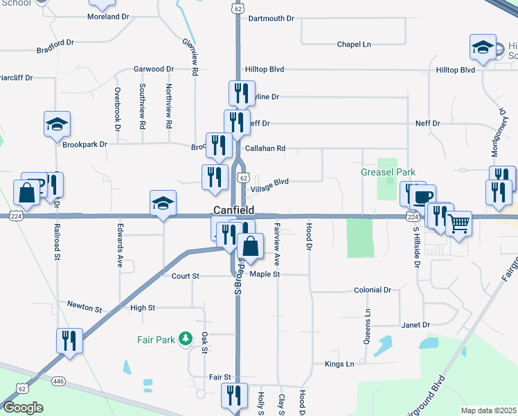 map of restaurants, bars, coffee shops, grocery stores, and more near 10 East Main Street in Canfield