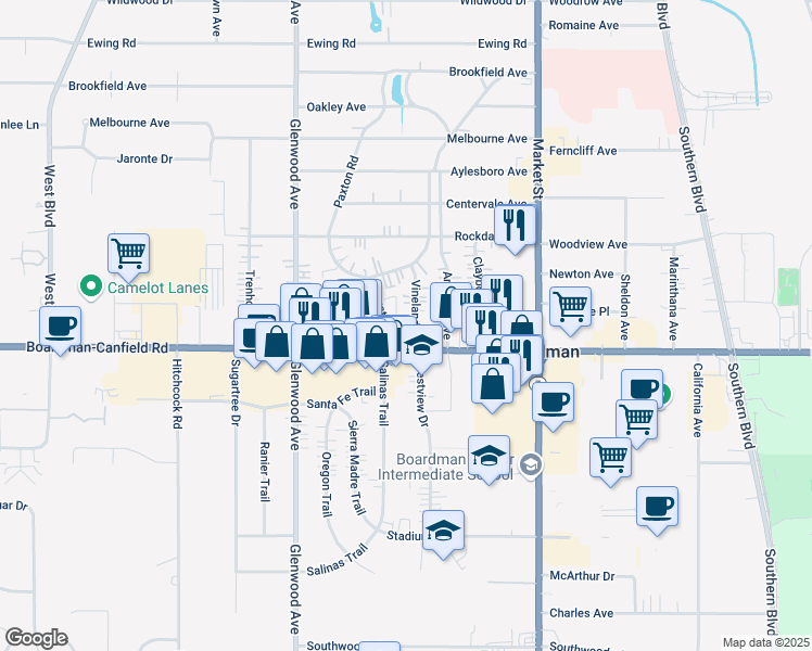 map of restaurants, bars, coffee shops, grocery stores, and more near 7224 Vineland Place in Youngstown