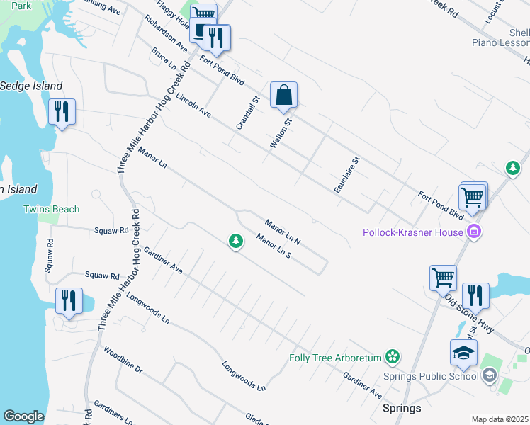 map of restaurants, bars, coffee shops, grocery stores, and more near 47 Manor Lane North in East Hampton