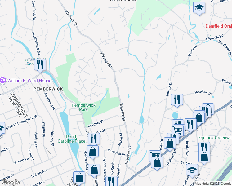 map of restaurants, bars, coffee shops, grocery stores, and more near 122 Weaver Street in Greenwich