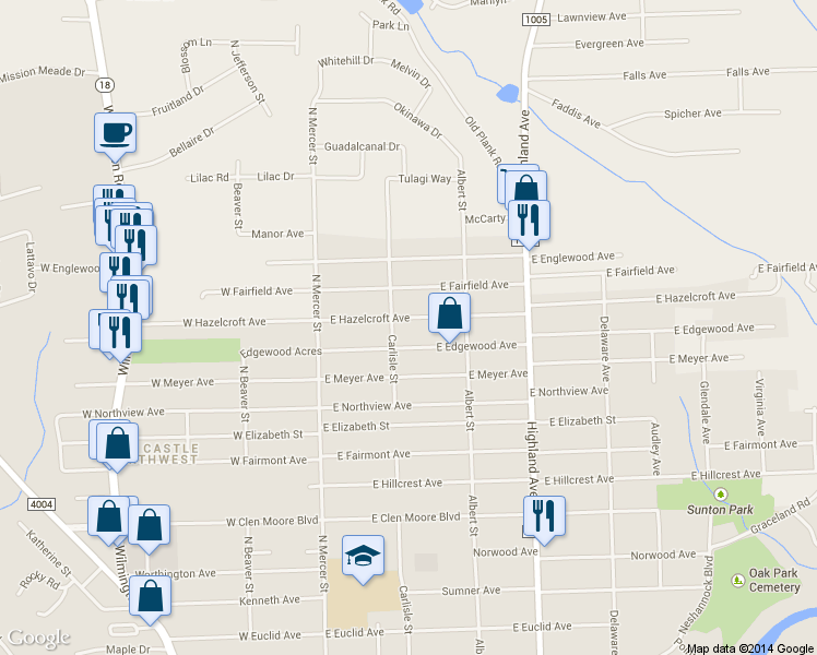 map of restaurants, bars, coffee shops, grocery stores, and more near 208 E Hazelcroft Ave in New Castle