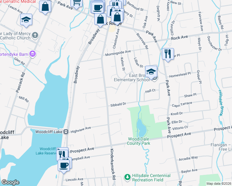 map of restaurants, bars, coffee shops, grocery stores, and more near 20 King Road in Park Ridge