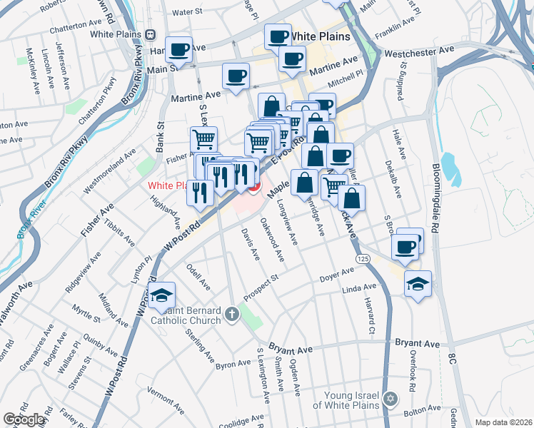 map of restaurants, bars, coffee shops, grocery stores, and more near 5 Oakwood Avenue in White Plains