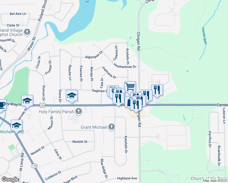 map of restaurants, bars, coffee shops, grocery stores, and more near 3011 Saginaw Drive in Poland