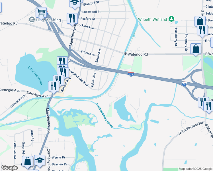 map of restaurants, bars, coffee shops, grocery stores, and more near 2715 Nesmith Lake Boulevard in Akron