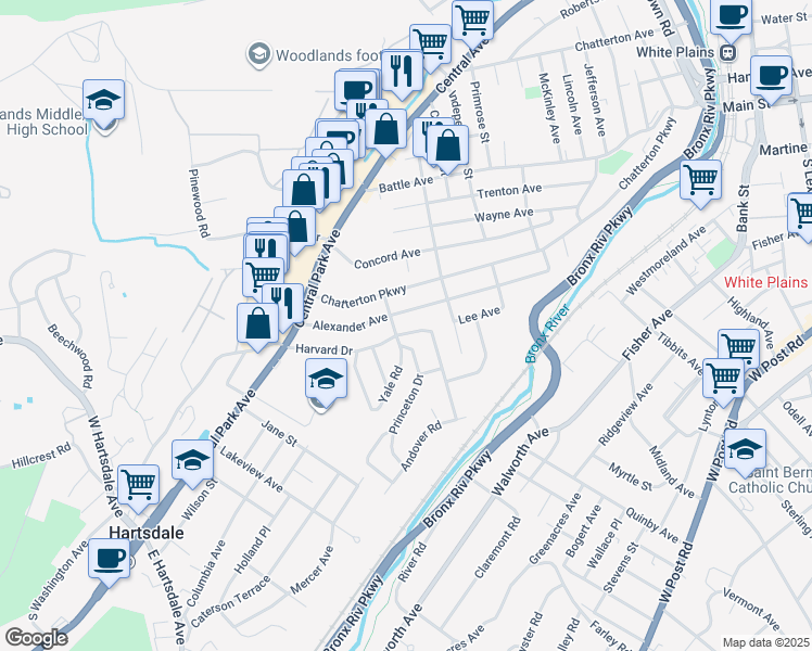 map of restaurants, bars, coffee shops, grocery stores, and more near 99 Harvard Drive in Hartsdale