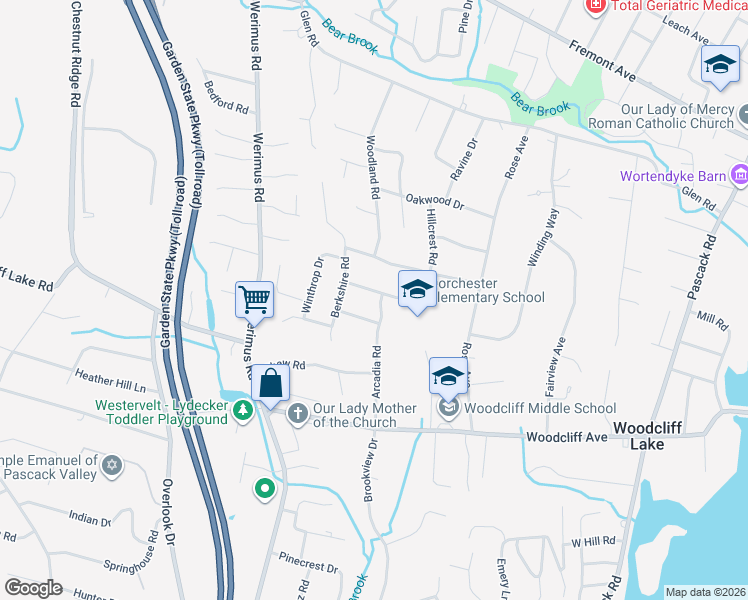 map of restaurants, bars, coffee shops, grocery stores, and more near 59 Arcadia Road in Woodcliff Lake