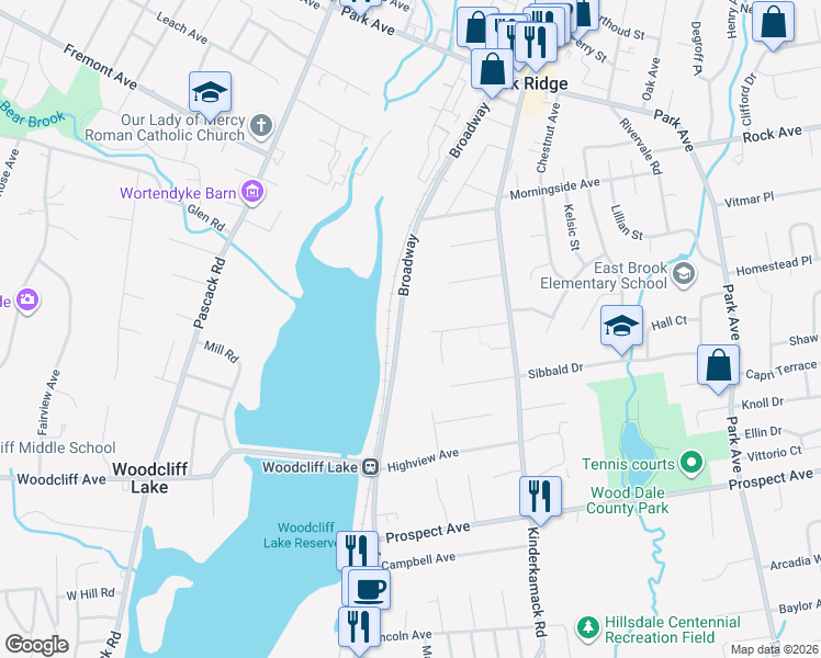 map of restaurants, bars, coffee shops, grocery stores, and more near 281 Broadway in Woodcliff Lake