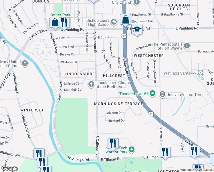 map of restaurants, bars, coffee shops, grocery stores, and more near 141 Dunbar Lane in Fort Wayne