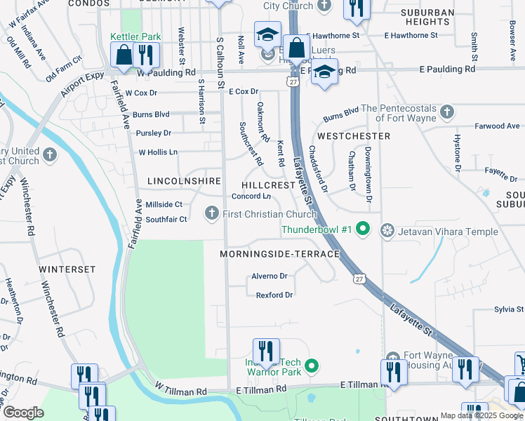 map of restaurants, bars, coffee shops, grocery stores, and more near 213 Dunbar Lane in Fort Wayne