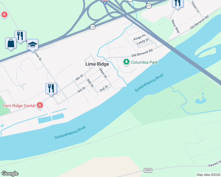 map of restaurants, bars, coffee shops, grocery stores, and more near 6070 Main St in Bloomsburg