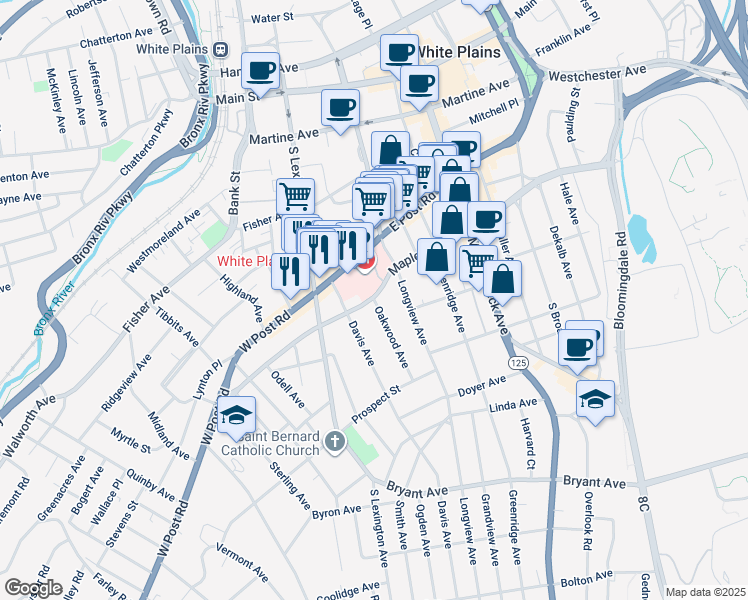 map of restaurants, bars, coffee shops, grocery stores, and more near 5 Oakwood Avenue in White Plains