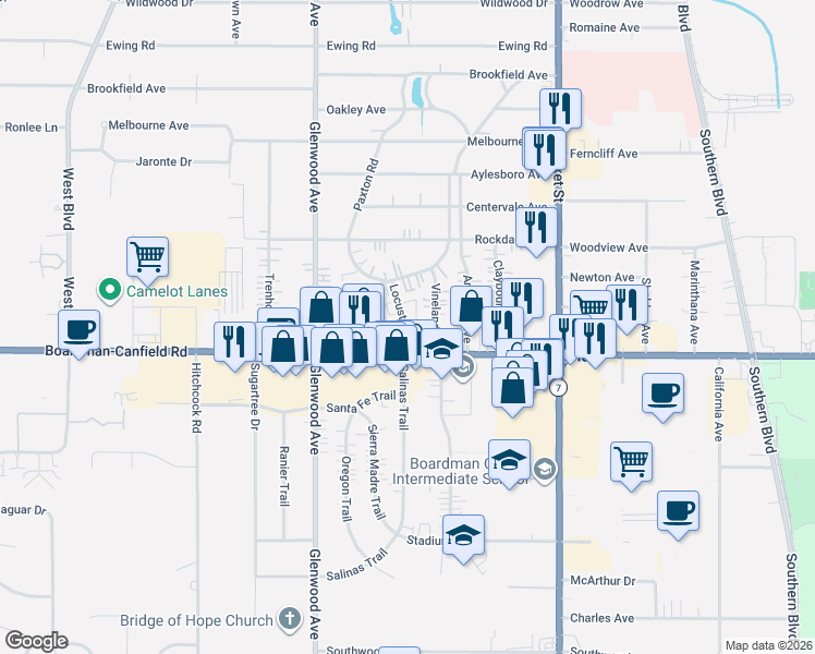 map of restaurants, bars, coffee shops, grocery stores, and more near in Boardman