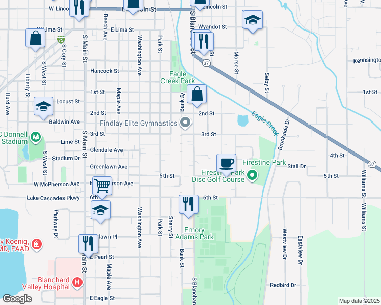 map of restaurants, bars, coffee shops, grocery stores, and more near 1300 South Blanchard Street in Findlay