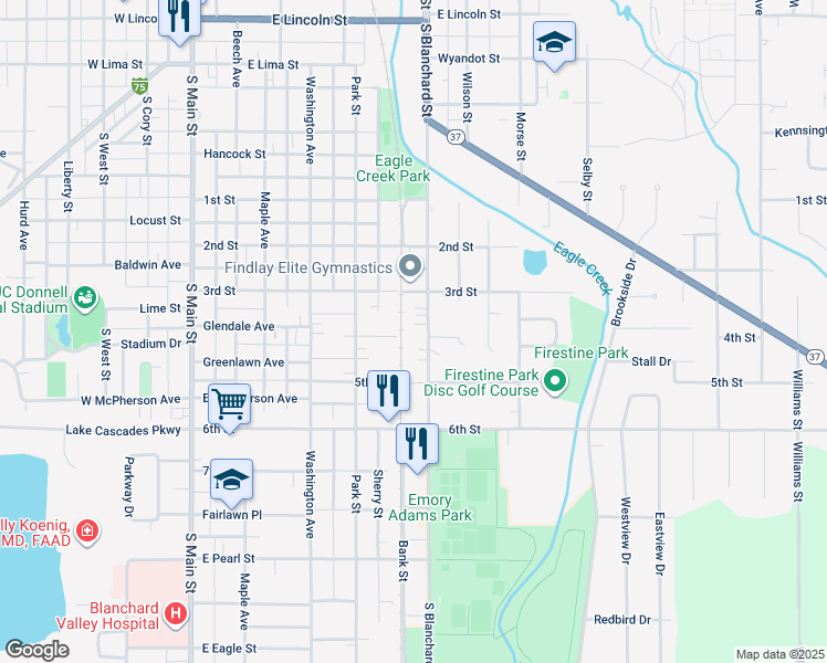 map of restaurants, bars, coffee shops, grocery stores, and more near 1300 South Blanchard Street in Findlay
